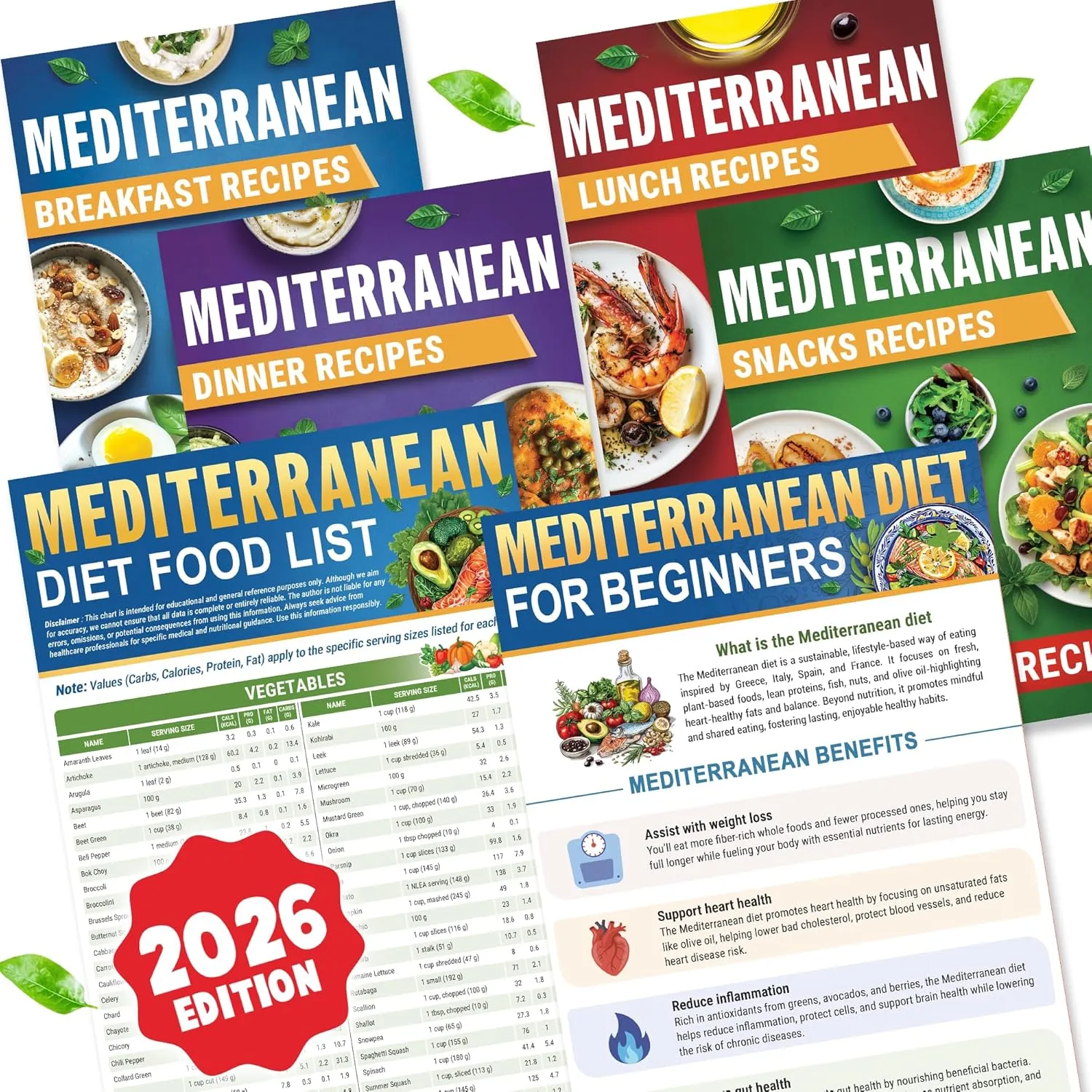 Feel More Confident About Everyday Meals - 6-Piece Mediterranean Meal Planning Set With A 28-Day Guide And 80 Recipes - Set of 6 Mediterranean Diet Meal Planning Set for Beginners & Seniors