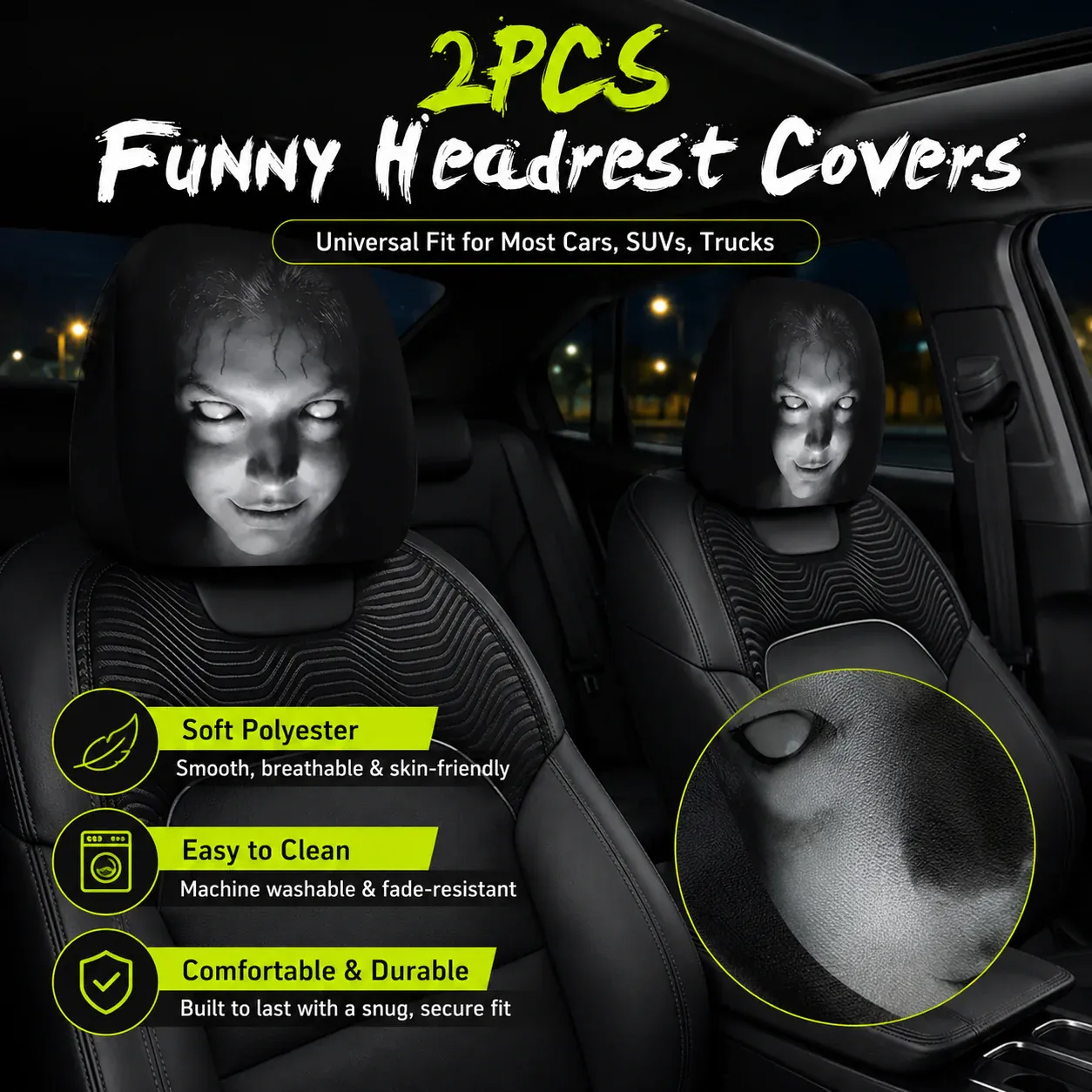 Funny Cartoon Car Headrest Covers – 2PCS Universal Fit - SPOOKY NIGHT EDITION / 1 Pair
