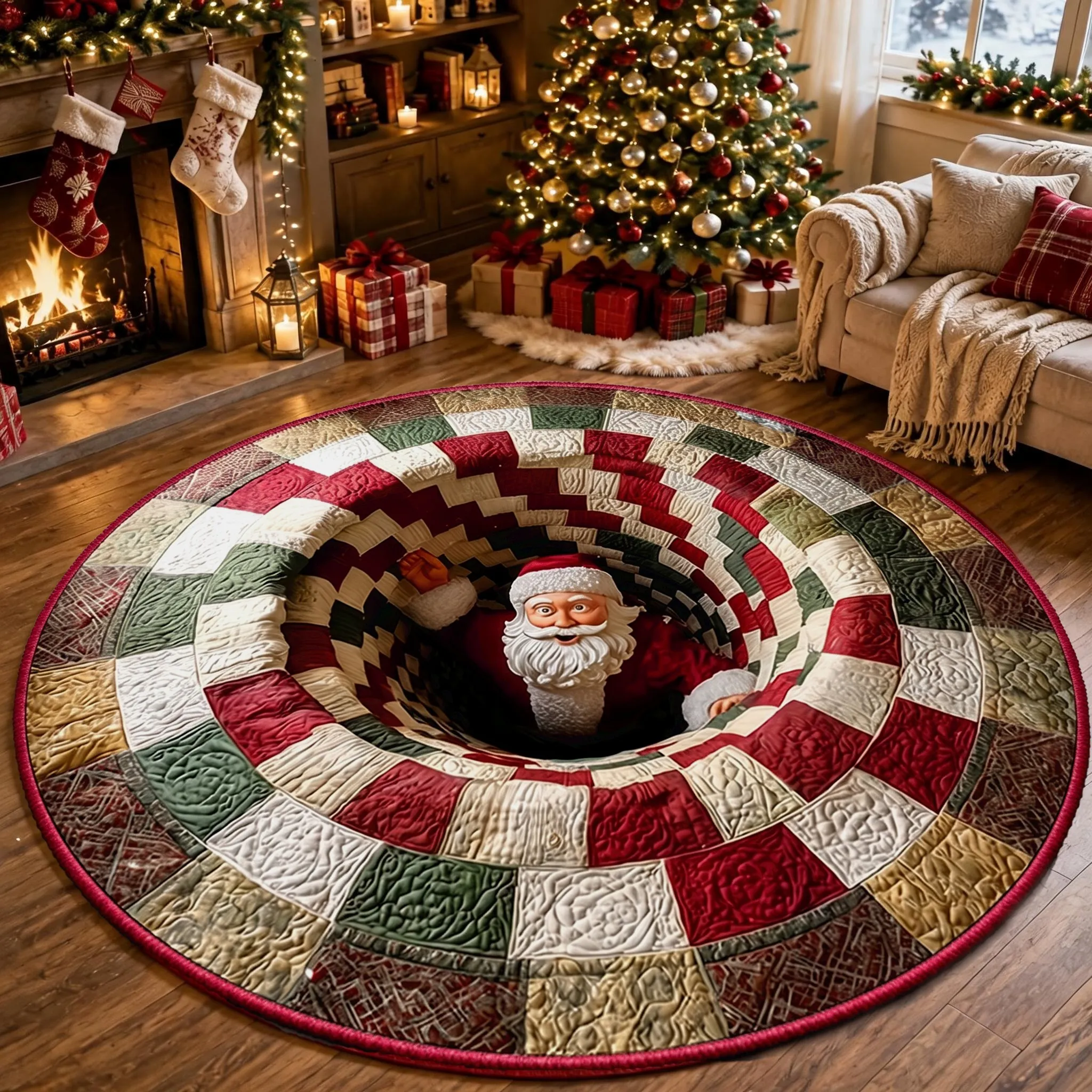 3D Christmas Gnome Optical Illusion Round Rug | Fun Festive Home Decor Must‑Have - Santa Spiral / S(40cm/15.7in)