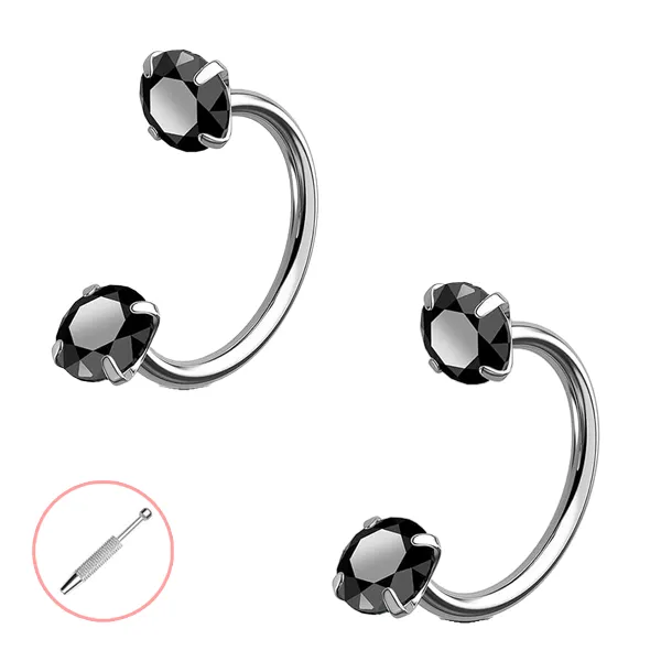Horseshoe Gem Nose Ring – Internally Threaded & Comfortable - Black / Black / Grasper + Guide Needle + TweezersLimited quantity